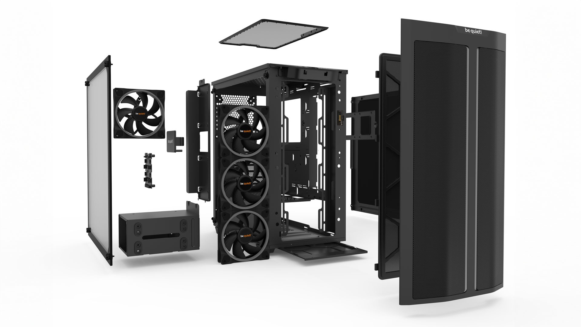 3d rendering cgi visualisierung bequiet pure base 500 fx gaming pc case explosion teile parts