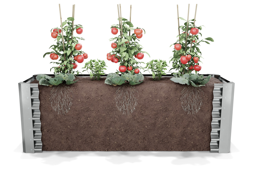 Hochwertiges Produkt-Rendering von supaCGI: 3D-Darstellung eines Metall-Hochbeets mit Gemüse und Erde im Querschnitt, ideal als Freisteller für den Online-Shop.