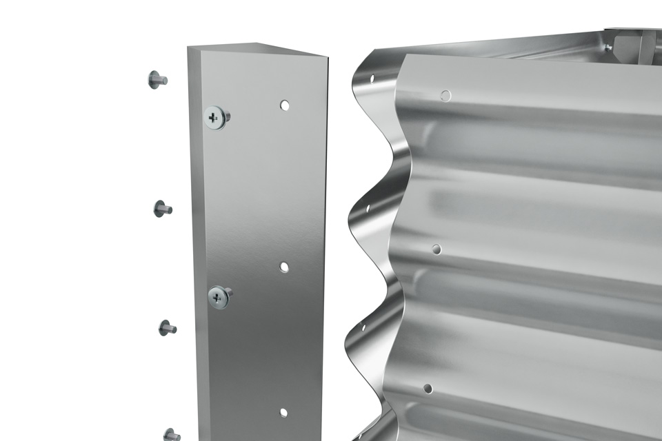 Detailreiches Produkt-Rendering von supaCGI: 3D-Darstellung eines Metall-Hochbeets mit Eckverbindern und Schrauben, ideal als Freisteller für den Online-Shop.