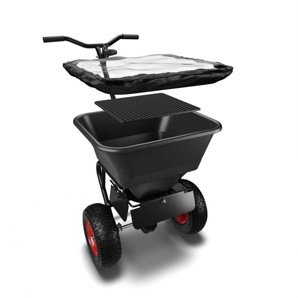 Hochwertiges Produkt-Rendering von supaCGI: Detaillierte 3D-Darstellung eines Streuwagens mit Folienabdeckung, ideal als Freisteller für den Online-Shop.