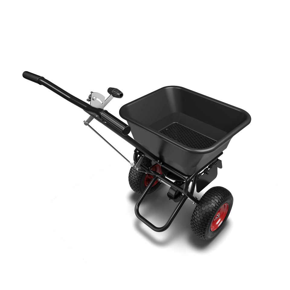 Professionelles Produkt-Rendering von supaCGI: Detaillierte 3D-Darstellung eines Streuwagens für Rasenpflege, ideal als Freisteller für den Online-Shop.