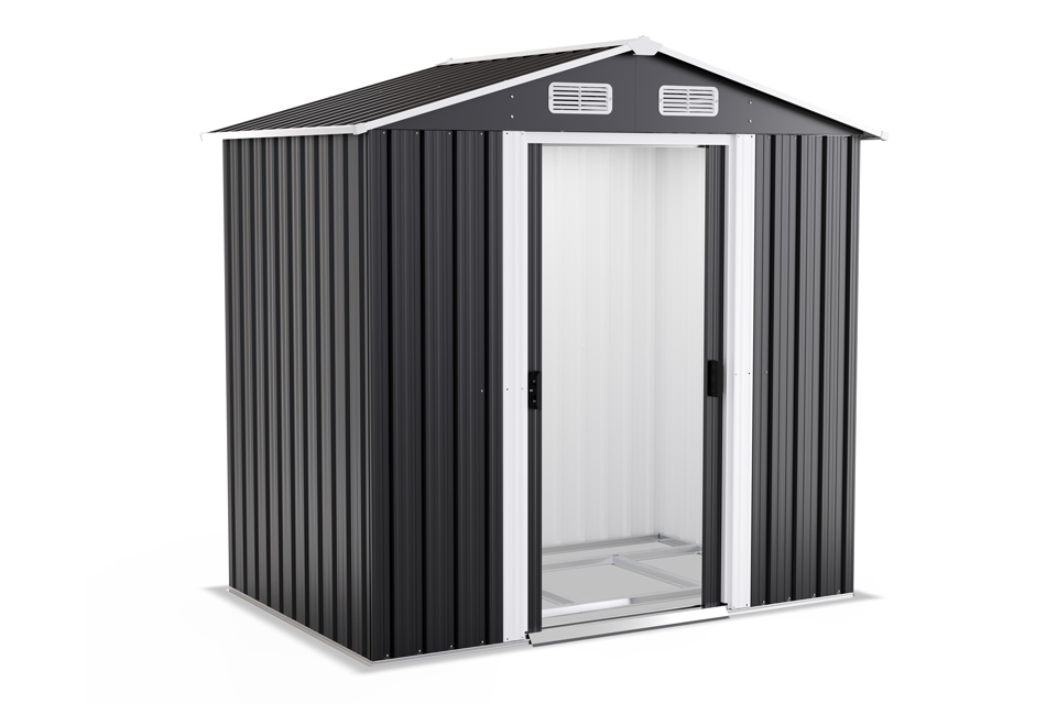 Hochwertiges Produkt-Rendering von supaCGI: 3D-Darstellung eines Metall-Gartenhauses mit Schiebetür, ideal als Freisteller für den Online-Shop.