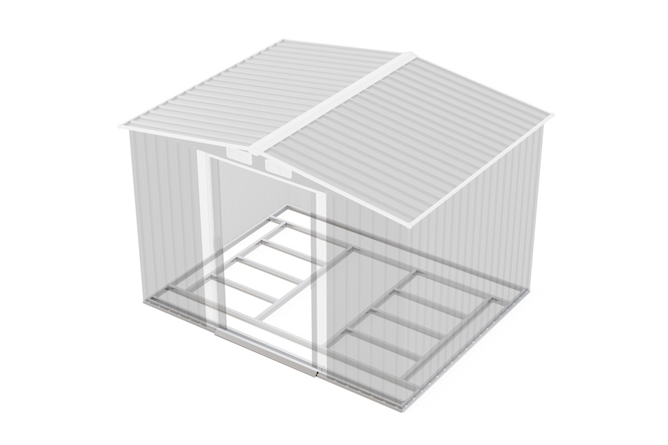 Detailreiches Produkt-Rendering von supaCGI: 3D-Darstellung eines Metall-Gartenhauses mit Fundament, ideal als Freisteller für den Online-Shop.