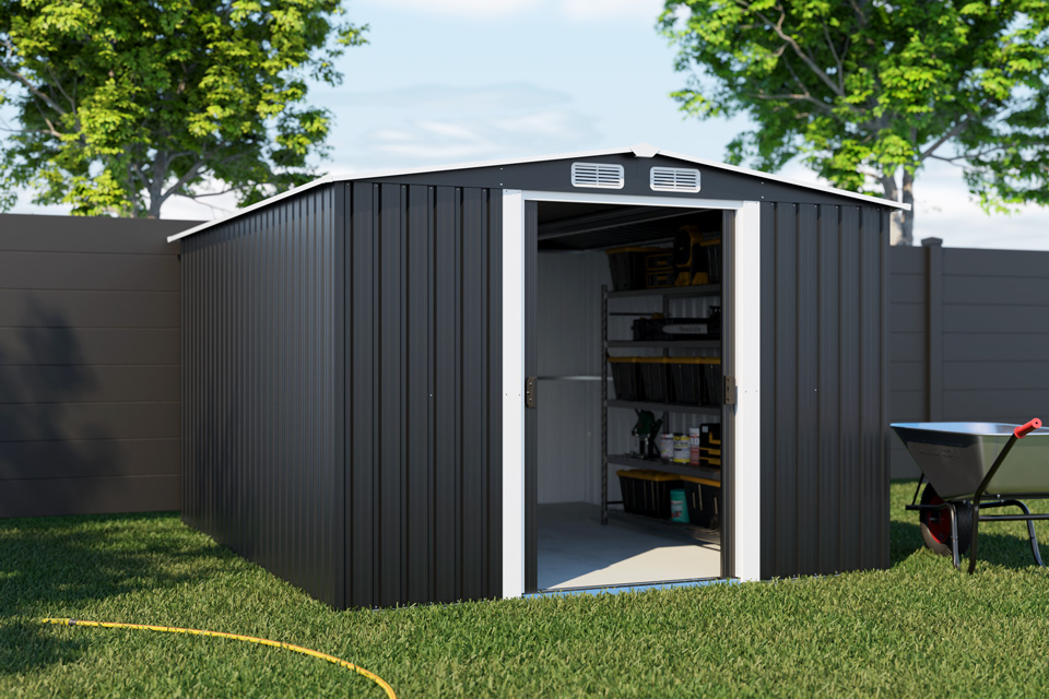 Hochwertiges Produkt-Rendering von supaCGI: 3D-Darstellung eines Metall-Gartenhauses als Freisteller, ideal für den Online-Shop.