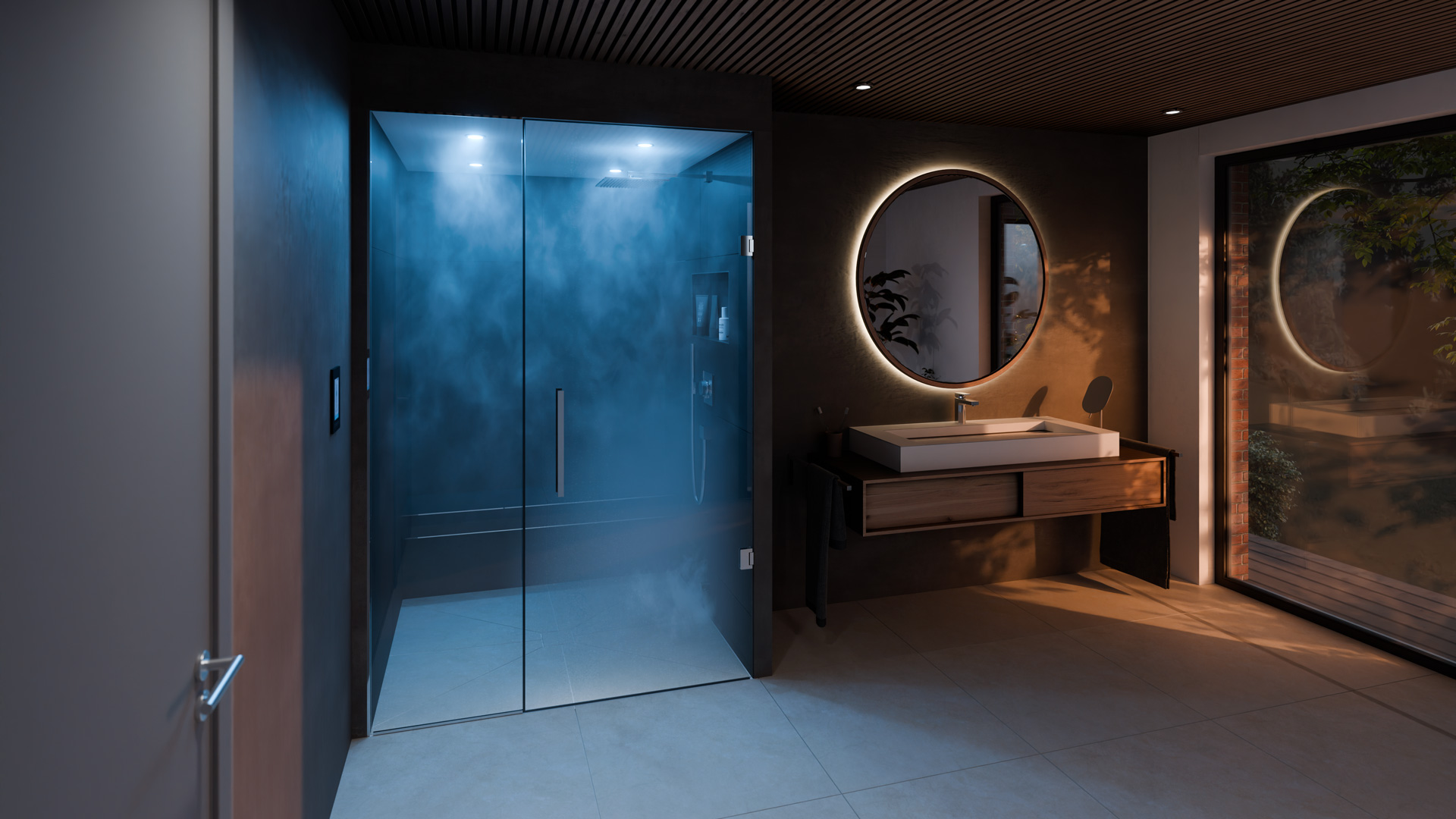 3d rendering studio cgi render dampfbad sauna glaswand fliesen bad badezimmer waschbecken fenster wand akustikpanele wellness