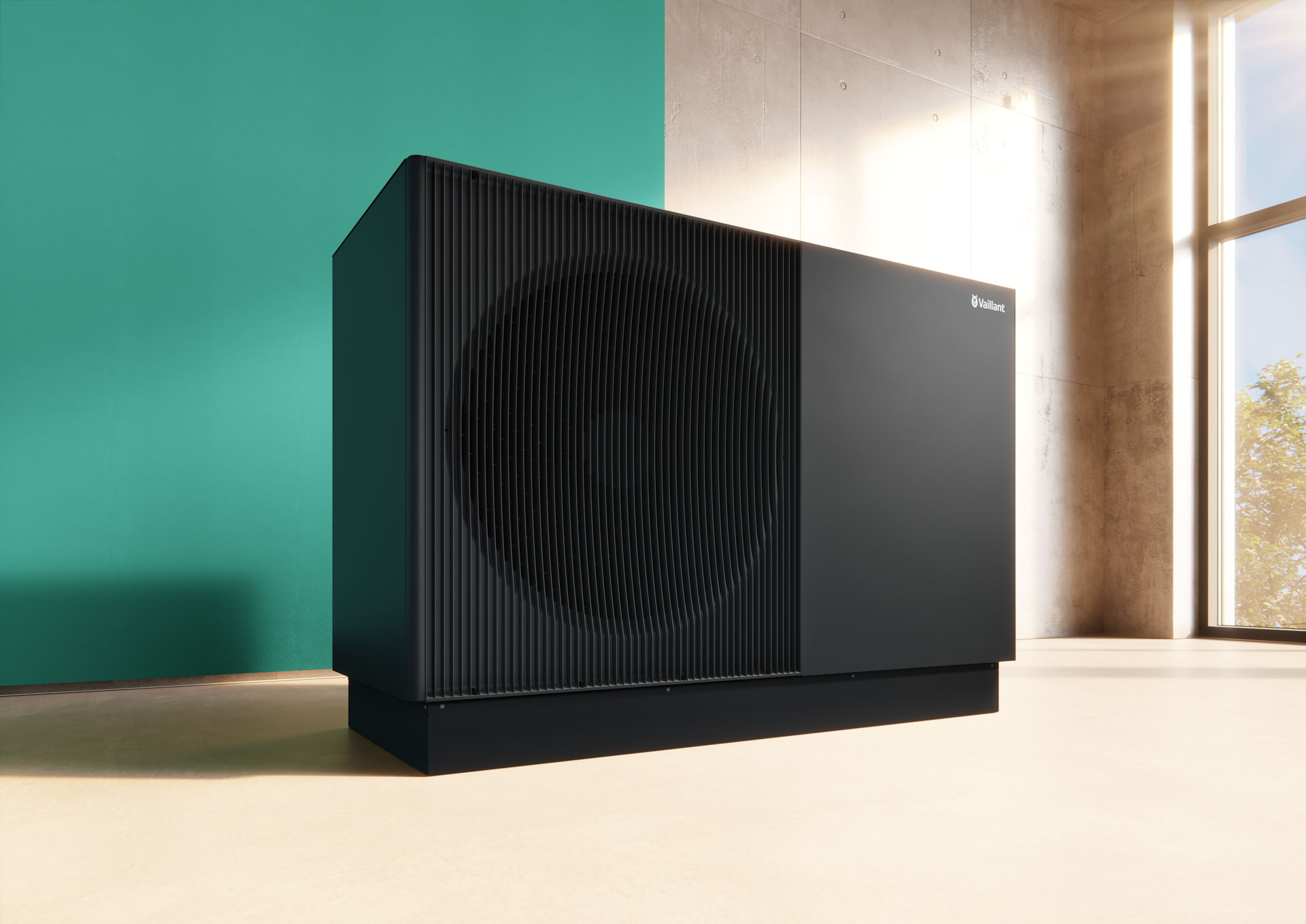 Hochwertiges 3D-Rendering einer Vaillant Luft-Wasser-Wärmepumpe in moderner Architekturumgebung, erstellt von supacgi